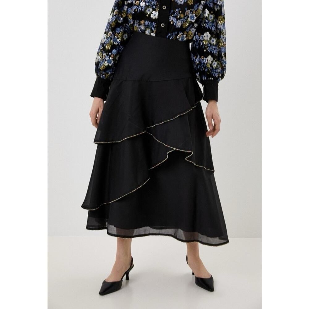 Sister Jane Black Ruffle Midi Skirt Beaded Trim Tiered XS Romantic
